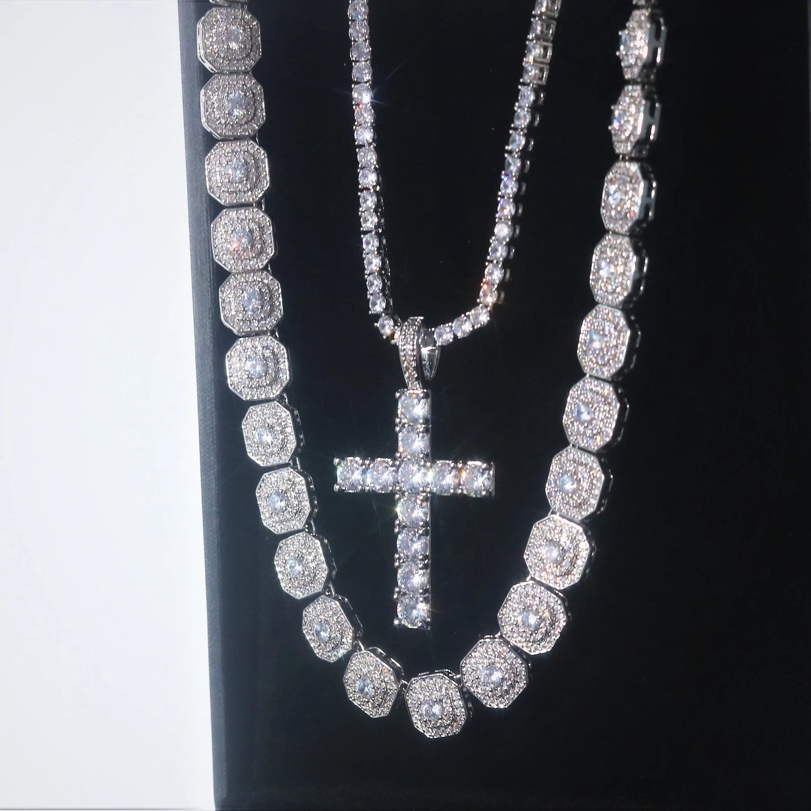 Tennis Chain with Diamond Cross Pendant Bundle